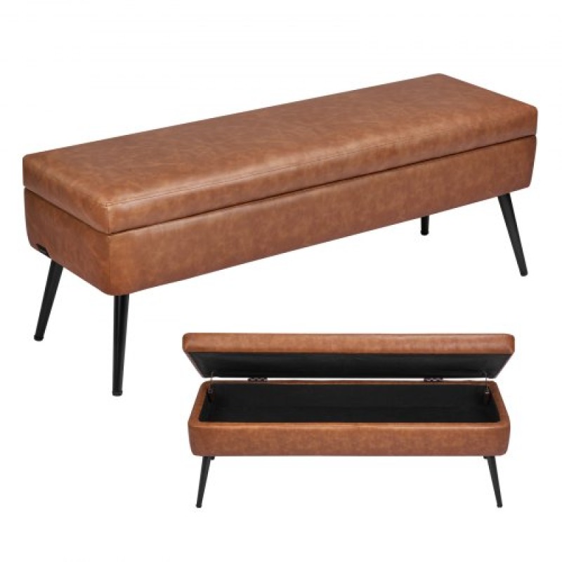 VEVOR PU Leather Storage Ottoman Bench Bench with Storage and Metal Legs Brown