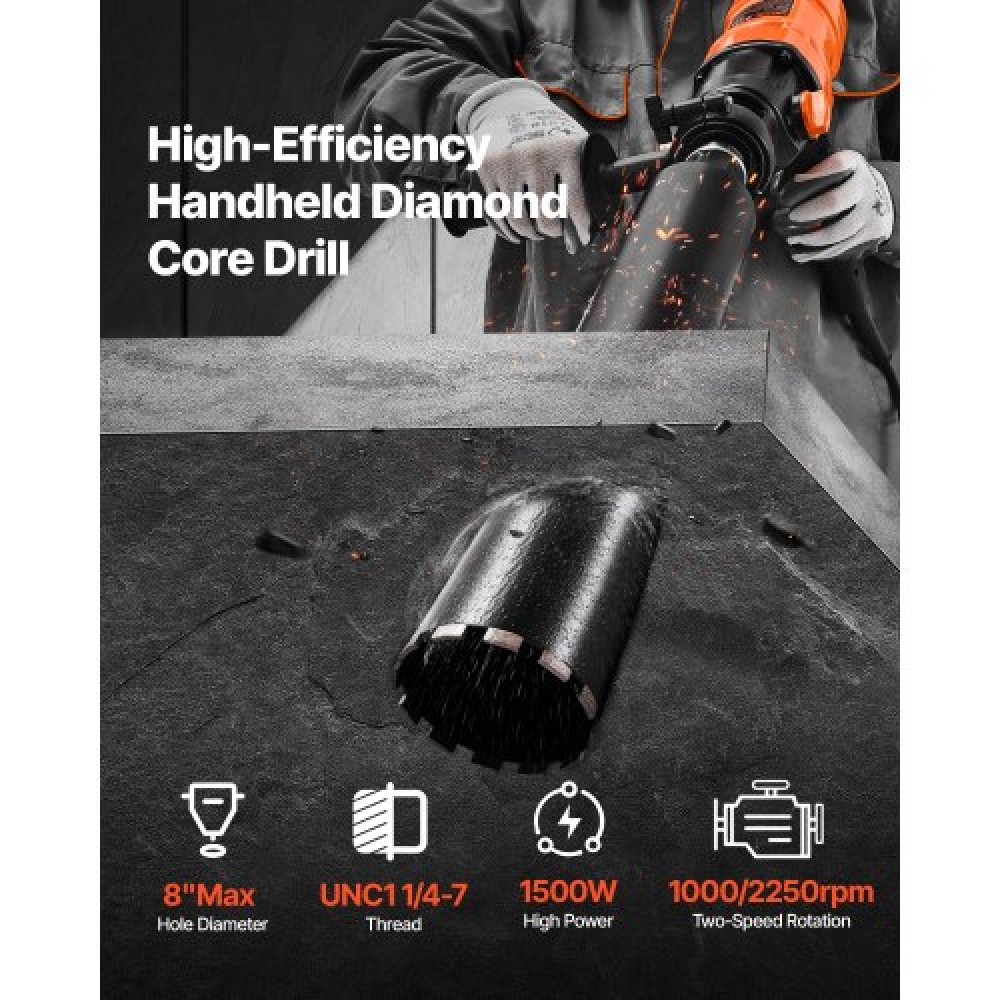 VEVOR Diamond Core Drill Machine Handheld Concrete Core Drill Rig 8 in Dia 1500W
