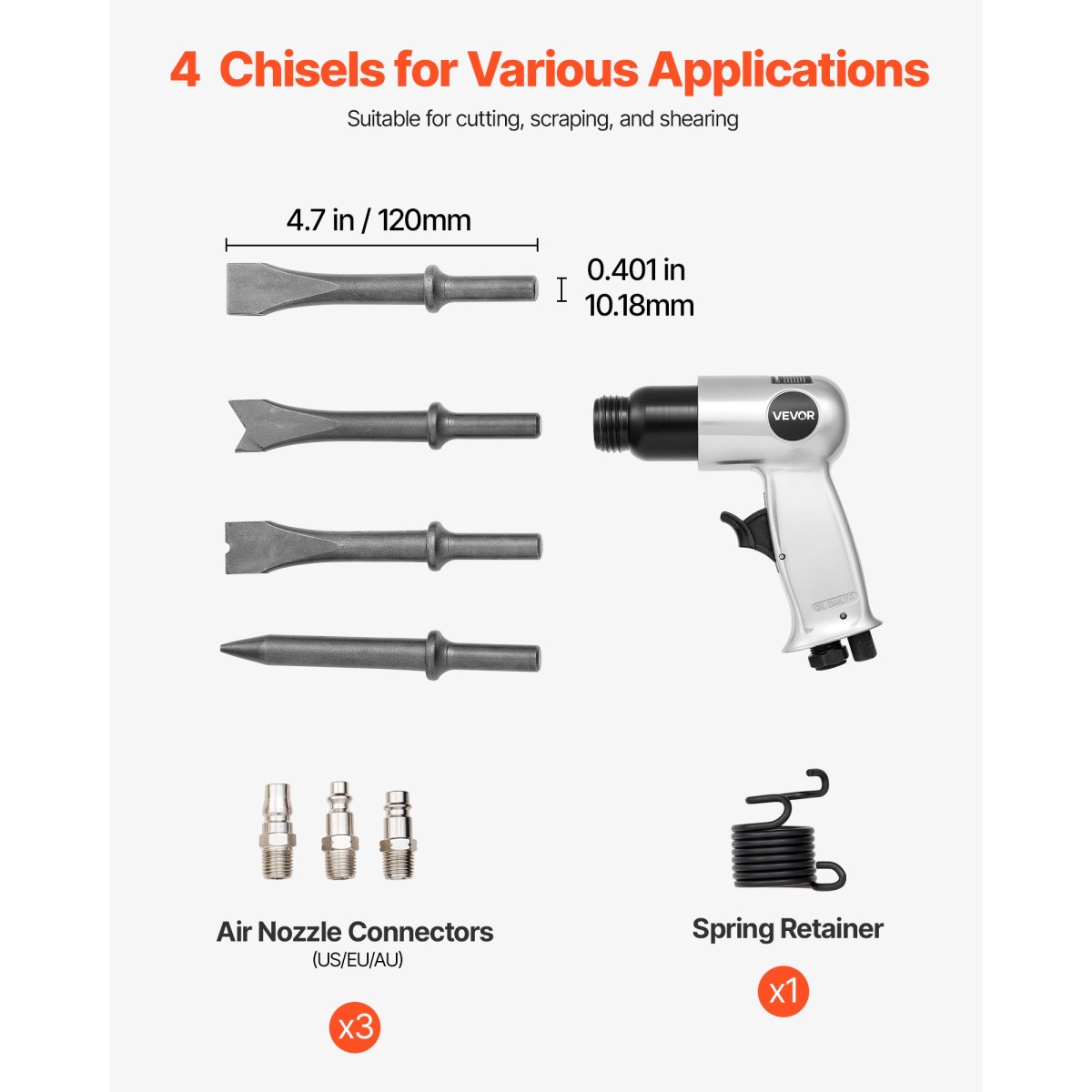 VEVOR Air Hammer, 4500BPM πνευματικό σφυρί με διαδρομή 40mm & 4PCS σμίλη στρογγυλό στέλεχος, ελαφρύ και συμπαγές πεπιεσμένο πεπιεσμένο πεπιεσμένο αεροπλάνο για κοπή διάτρησης απόξεσης