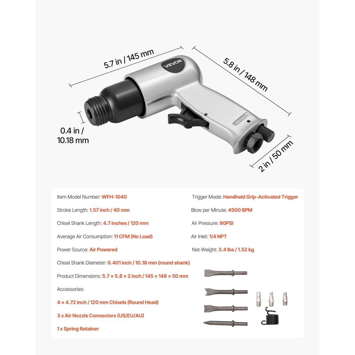 VEVOR Air Hammer, 4500BPM πνευματικό σφυρί με διαδρομή 40mm & 4PCS σμίλη στρογγυλό στέλεχος, ελαφρύ και συμπαγές πεπιεσμένο πεπιεσμένο πεπιεσμένο αεροπλάνο για κοπή διάτρησης απόξεσης