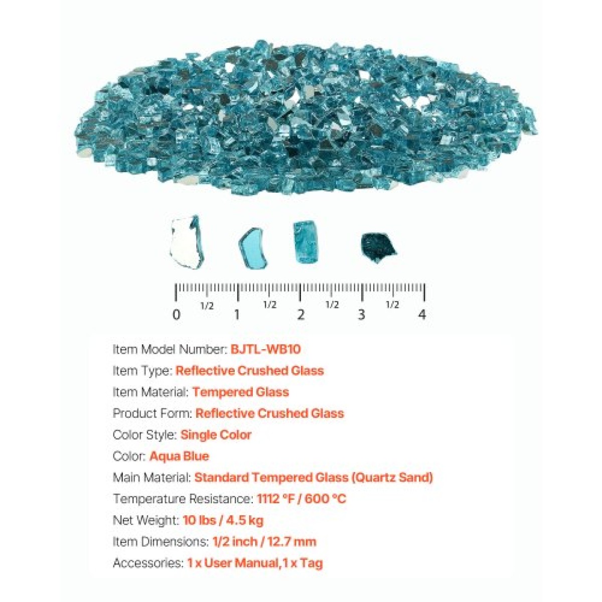 VEVOR Fire Glass, 10 LBS / 4,5 KG Βράχοι τζακιού ανθεκτικοί σε υψηλές θερμοκρασίες, 1/2 ίντσας / 12,7 mm Ανακλαστικός και χωρίς καπνό Firepit Glass Rock, High Luster Stone Landscaping for Fire Pit Table, Aqua Blue