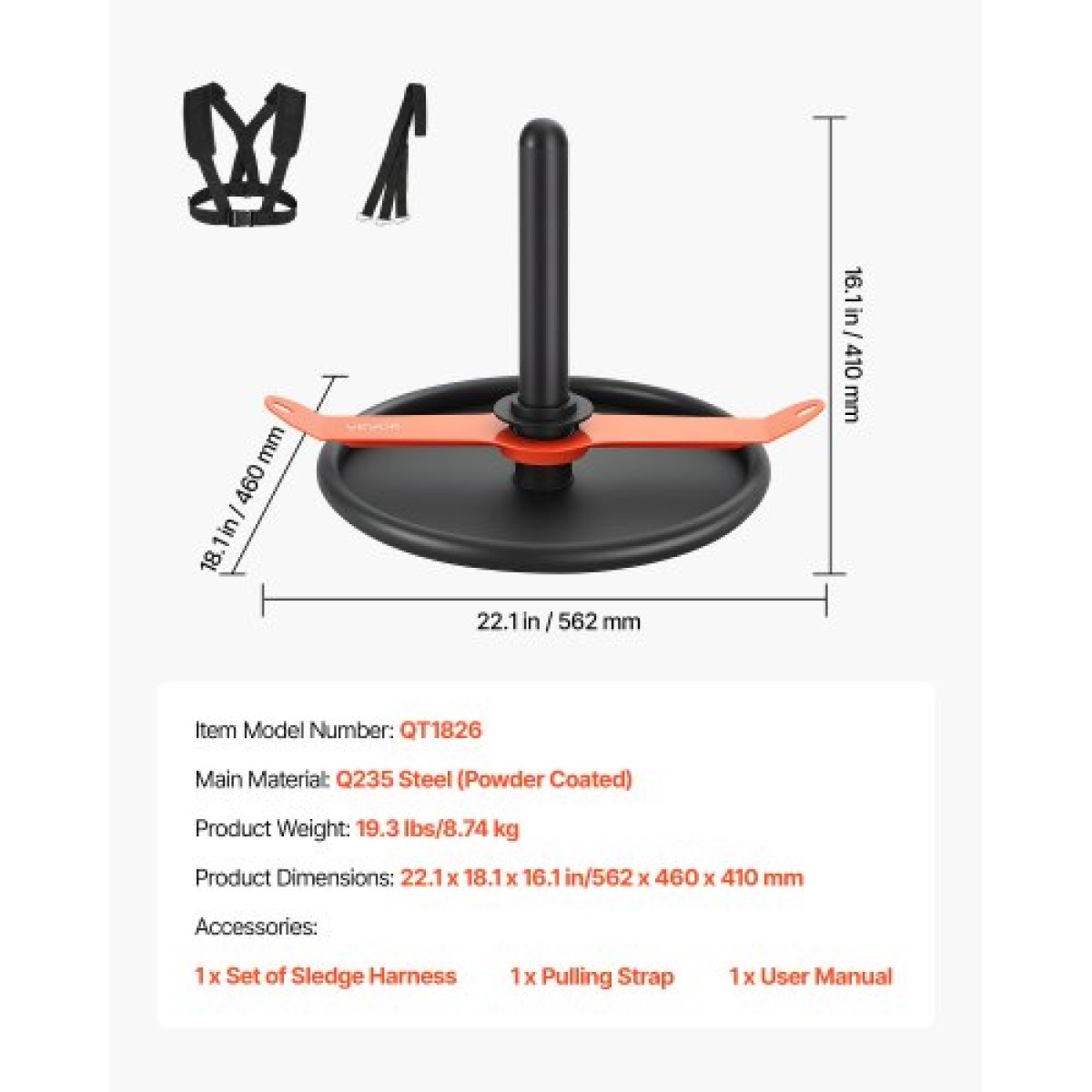 VEVOR Weight Sled, Steel Power Sled, Fitness Strength Training Sleds for Athletic Exercise Improvement Speed, Workout Fitness Equipment with Harness, Συμβατό με πλάκα βάρους 51 mm, πορτοκαλί & μαύρο