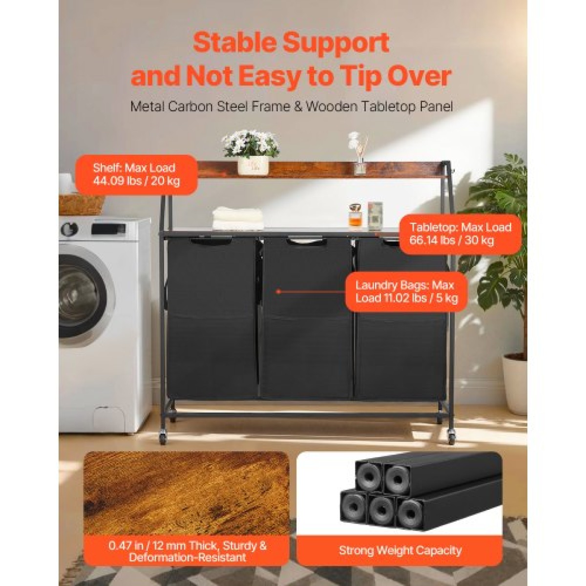 VEVOR 2 Tiers Laundry Sorter, Tall Laundry Hammper με μεταλλικό σκελετό και ξύλινο επιτραπέζιο, 3 Section Rolling Basket Organizer Storage με Ladder ράφια και 600D Oxford υφασμάτινες τσάντες για βρώμικα ρούχα