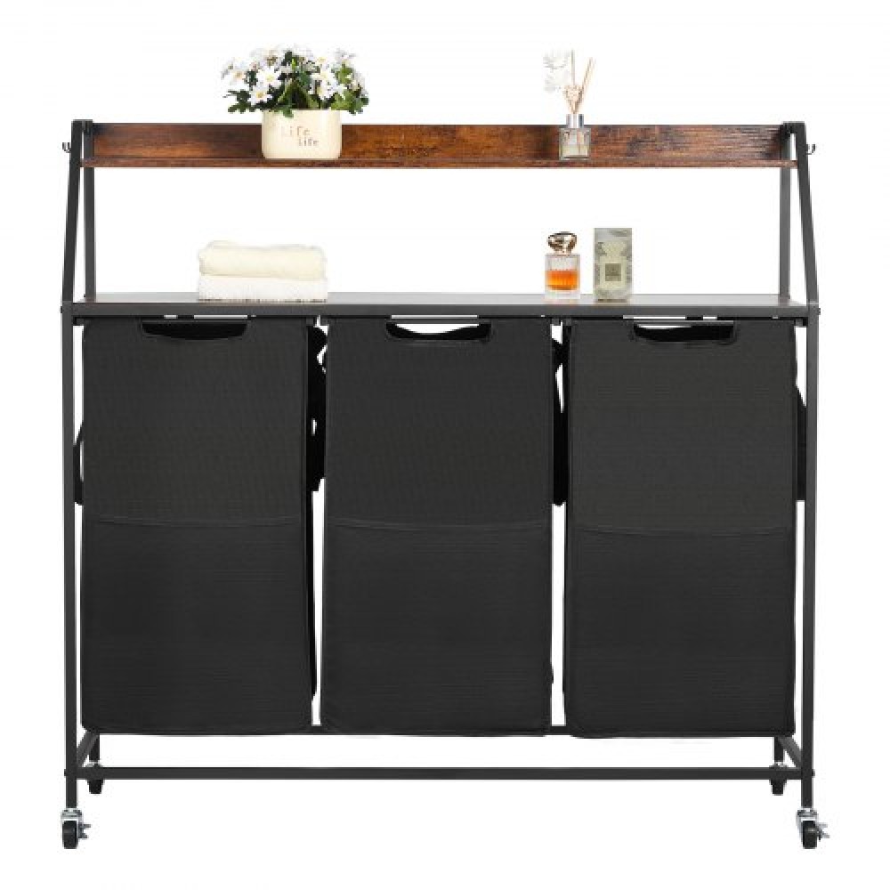 VEVOR 2 Tiers Laundry Sorter, Tall Laundry Hammper με μεταλλικό σκελετό και ξύλινο επιτραπέζιο, 3 Section Rolling Basket Organizer Storage με Ladder ράφια και 600D Oxford υφασμάτινες τσάντες για βρώμικα ρούχα