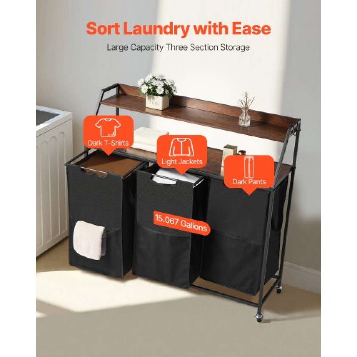 VEVOR 2 Tiers Laundry Sorter, Tall Laundry Hammper με μεταλλικό σκελετό και ξύλινο επιτραπέζιο, 3 Section Rolling Basket Organizer Storage με Ladder ράφια και 600D Oxford υφασμάτινες τσάντες για βρώμικα ρούχα