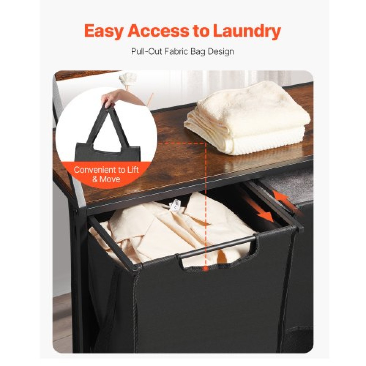 VEVOR 2 Tiers Laundry Sorter, Tall Laundry Hammper με μεταλλικό σκελετό και ξύλινο επιτραπέζιο, 3 Section Rolling Basket Organizer Storage με Ladder ράφια και 600D Oxford υφασμάτινες τσάντες για βρώμικα ρούχα