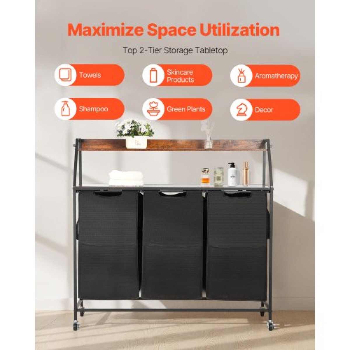 VEVOR 2 Tiers Laundry Sorter, Tall Laundry Hammper με μεταλλικό σκελετό και ξύλινο επιτραπέζιο, 3 Section Rolling Basket Organizer Storage με Ladder ράφια και 600D Oxford υφασμάτινες τσάντες για βρώμικα ρούχα