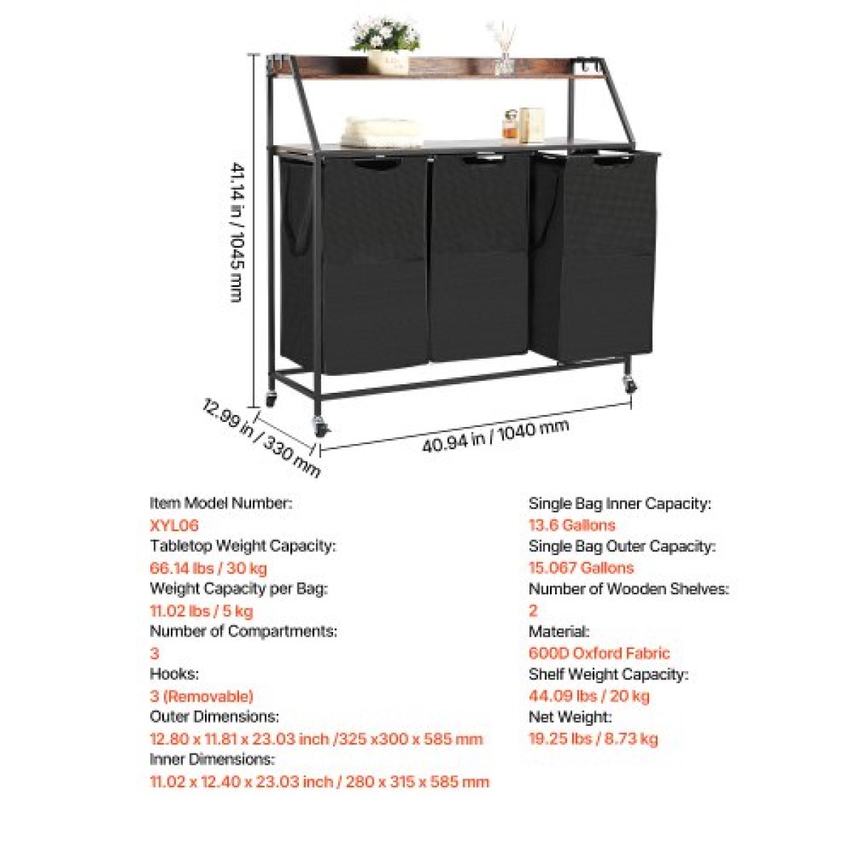 VEVOR 2 Tiers Laundry Sorter, Tall Laundry Hammper με μεταλλικό σκελετό και ξύλινο επιτραπέζιο, 3 Section Rolling Basket Organizer Storage με Ladder ράφια και 600D Oxford υφασμάτινες τσάντες για βρώμικα ρούχα