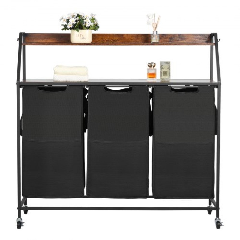 VEVOR 2 Tiers Laundry Sorter, Tall Laundry Hammper με μεταλλικό σκελετό και ξύλινο επιτραπέζιο, 3 Section Rolling Basket Organizer Storage με Ladder ράφια και 600D Oxford υφασμάτινες τσάντες για βρώμικα ρούχα