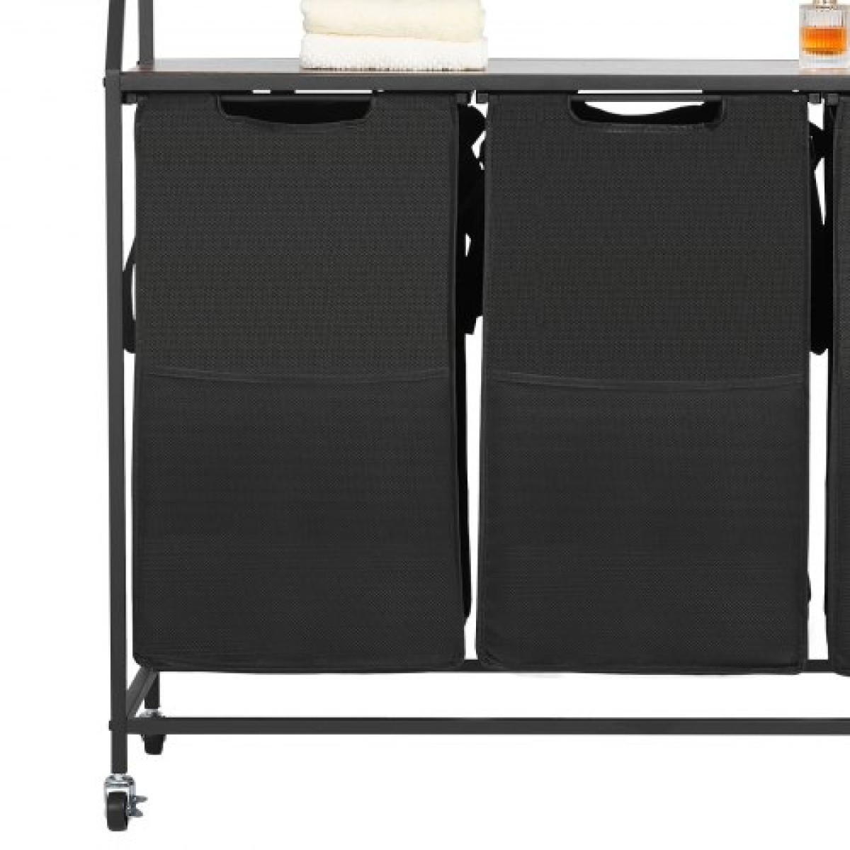 VEVOR 2 Tiers Laundry Sorter, Tall Laundry Hammper με μεταλλικό σκελετό και ξύλινο επιτραπέζιο, 3 Section Rolling Basket Organizer Storage με Ladder ράφια και 600D Oxford υφασμάτινες τσάντες για βρώμικα ρούχα