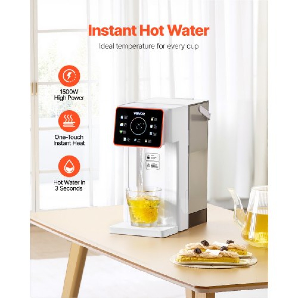 VEVOR Instant Hot Water Dispenser, Countertop Boiling Water Dispenser με ρυθμιζόμενες 6 θερμοκρασίες & 8 όγκους νερού, αφαιρούμενο δοχείο νερού 101oz(3L), Γρήγορη θέρμανση με οθόνη αφής & Παιδική κλειδαριά για το σπίτι