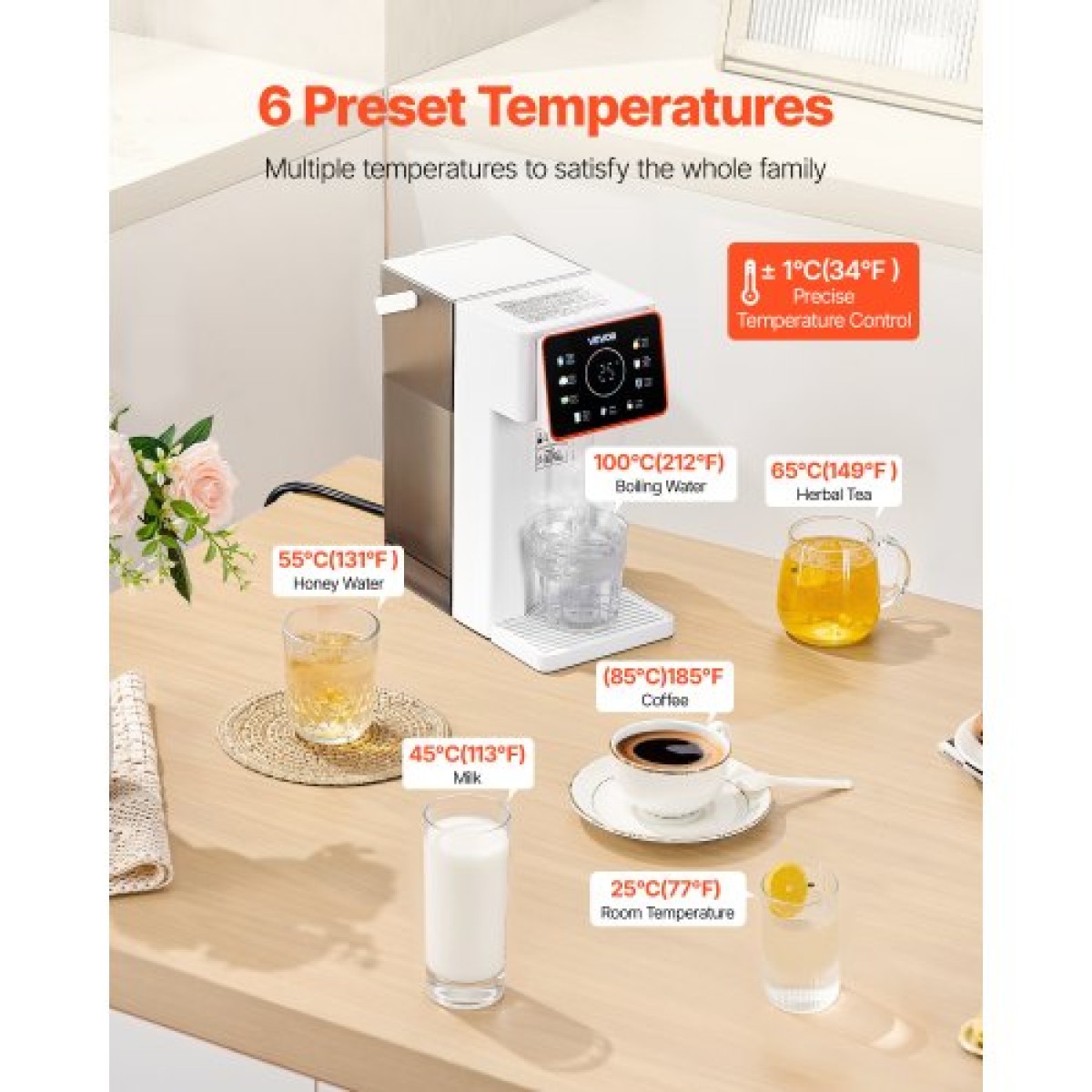 VEVOR Instant Hot Water Dispenser, Countertop Boiling Water Dispenser με ρυθμιζόμενες 6 θερμοκρασίες & 8 όγκους νερού, αφαιρούμενο δοχείο νερού 101oz(3L), Γρήγορη θέρμανση με οθόνη αφής & Παιδική κλειδαριά για το σπίτι