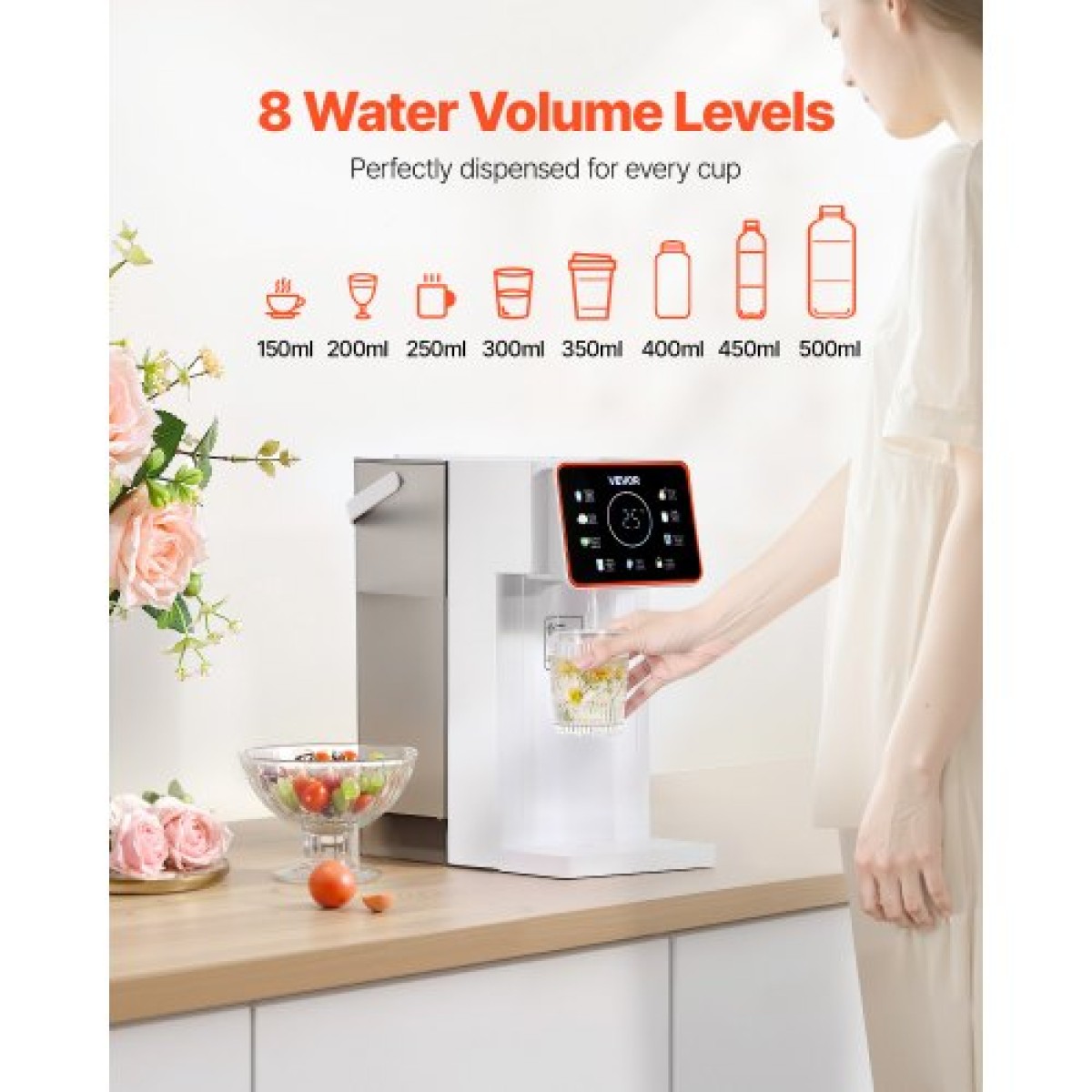 VEVOR Instant Hot Water Dispenser, Countertop Boiling Water Dispenser με ρυθμιζόμενες 6 θερμοκρασίες & 8 όγκους νερού, αφαιρούμενο δοχείο νερού 101oz(3L), Γρήγορη θέρμανση με οθόνη αφής & Παιδική κλειδαριά για το σπίτι