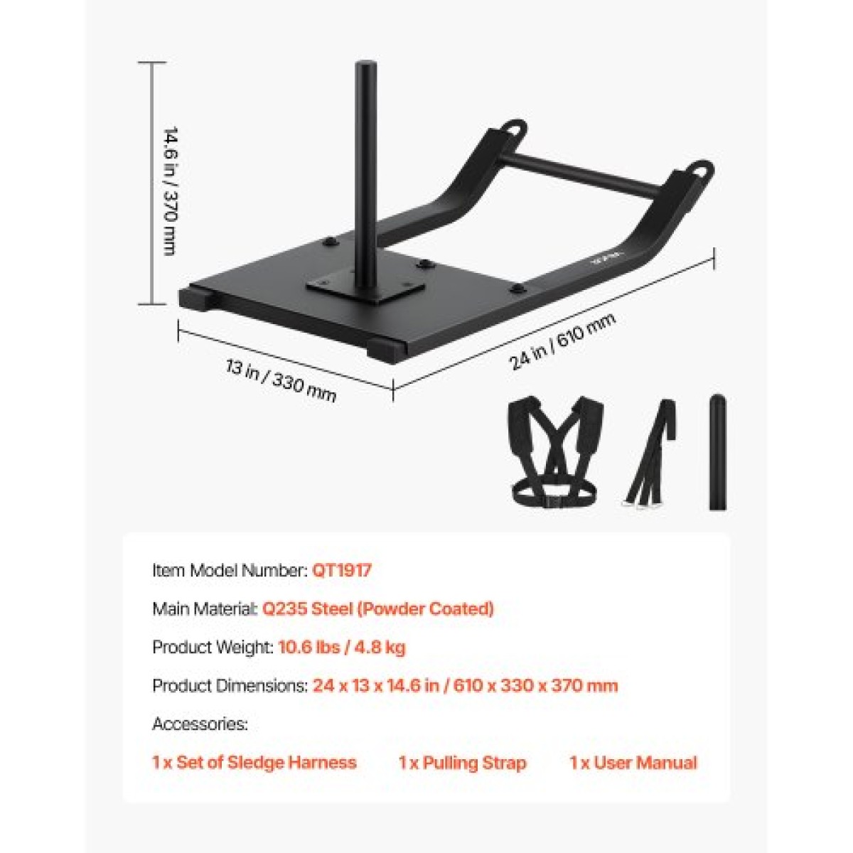 VEVOR Weight Sled, Steel Power Sled, Fitness Strength Training Sleds for Athletic Exercise Improvement Speed, Workout Fitness Equipment with Harness, Συμβατό με πλάκες βάρους 25/51 mm, Μαύρο