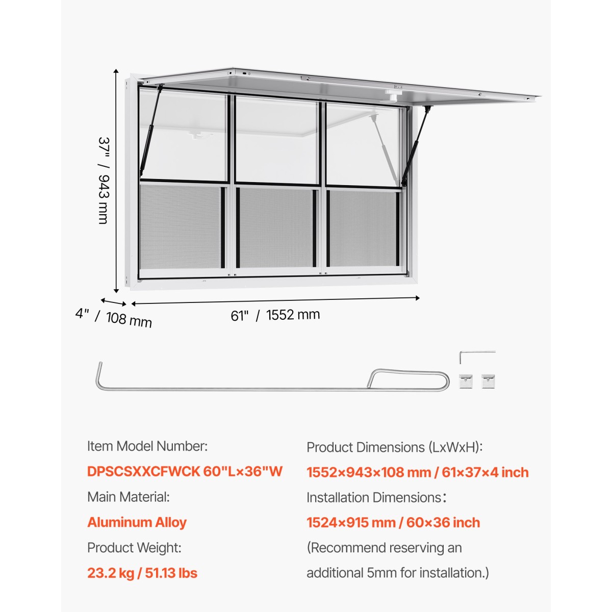 Παράθυρο παραχώρησης VEVOR 152x92 cm, Παράθυρο σέρβις από κράμα αλουμινίου για φορτηγό τροφίμων, παράθυρο σερβιρίσματος με βάση μέχρι 85 μοίρες με 6 συρόμενα παράθυρα, τέντα πόρτα και γάντζο μεταφοράς, για ρυμουλκούμενα παραχώρησης