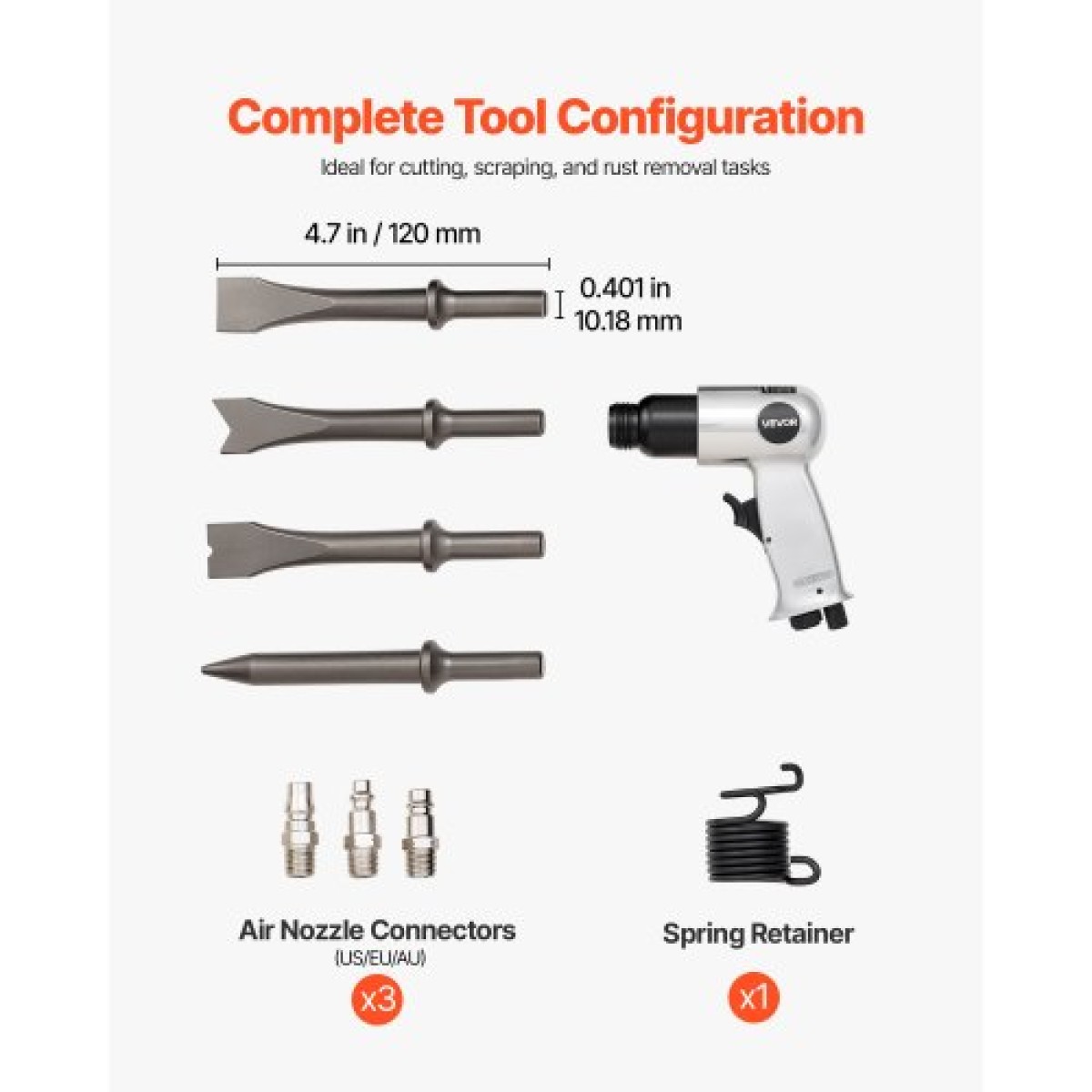 VEVOR Air Hammer, 4500BPM Pneumatic Hammer with Rust Removal Air Needle Scaler & 4PCS Chisels Στρογγυλό στέλεχος, Ελαφρύ και συμπαγές πεπιεσμένο πεπιεσμένο πτερύγιο αέρα σμίλης για κοπή απόξεσης κατεδάφισης