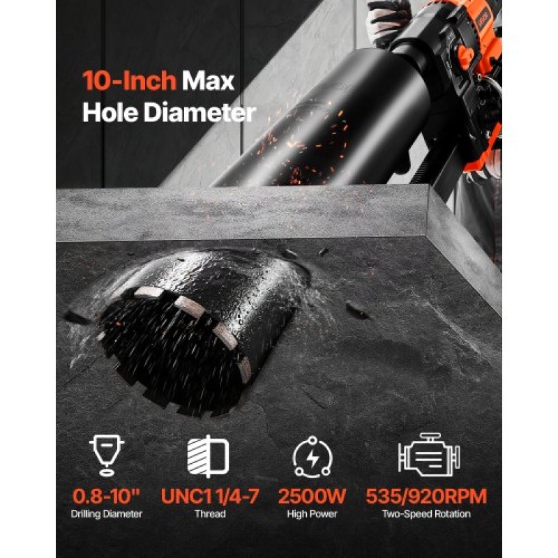 VEVOR Diamond Core Drilling Machine, 20-254 mm Διάμετρος διάτρησης, Stand-Mount Dry and Wet Concrete Drill Rig with 10 Bits, 535/920 RPM 2-Speed, UNC1 1/4-7 Thread, for Concrete Brick Stone, 250