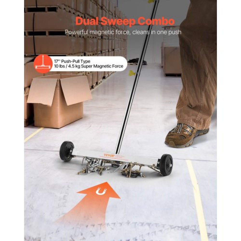 VEVOR Magnetic Sweeper with Wheels, 43 cm, 4.5 kg Load Capacity, Lightweight Magnetic Pickup Sweeper with Adjustable Handle, Pick Up Nails and Screws, Easy Cleanup for Garages, Roofing Projects