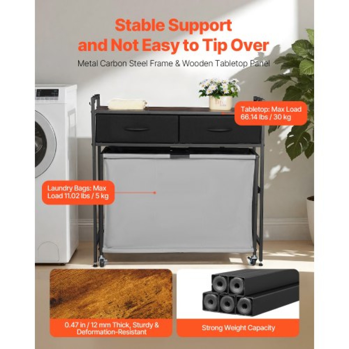 VEVOR 3 Section Laundry Sorter, Rolling Laundry Hammper με 2 συρτάρια, γάντζους & ρόδες, Rolling Basket Organizer Αποθήκευση με συρόμενους σάκους και ξύλινο επιτραπέζιο για βρώμικα ρούχα, μπάνιο