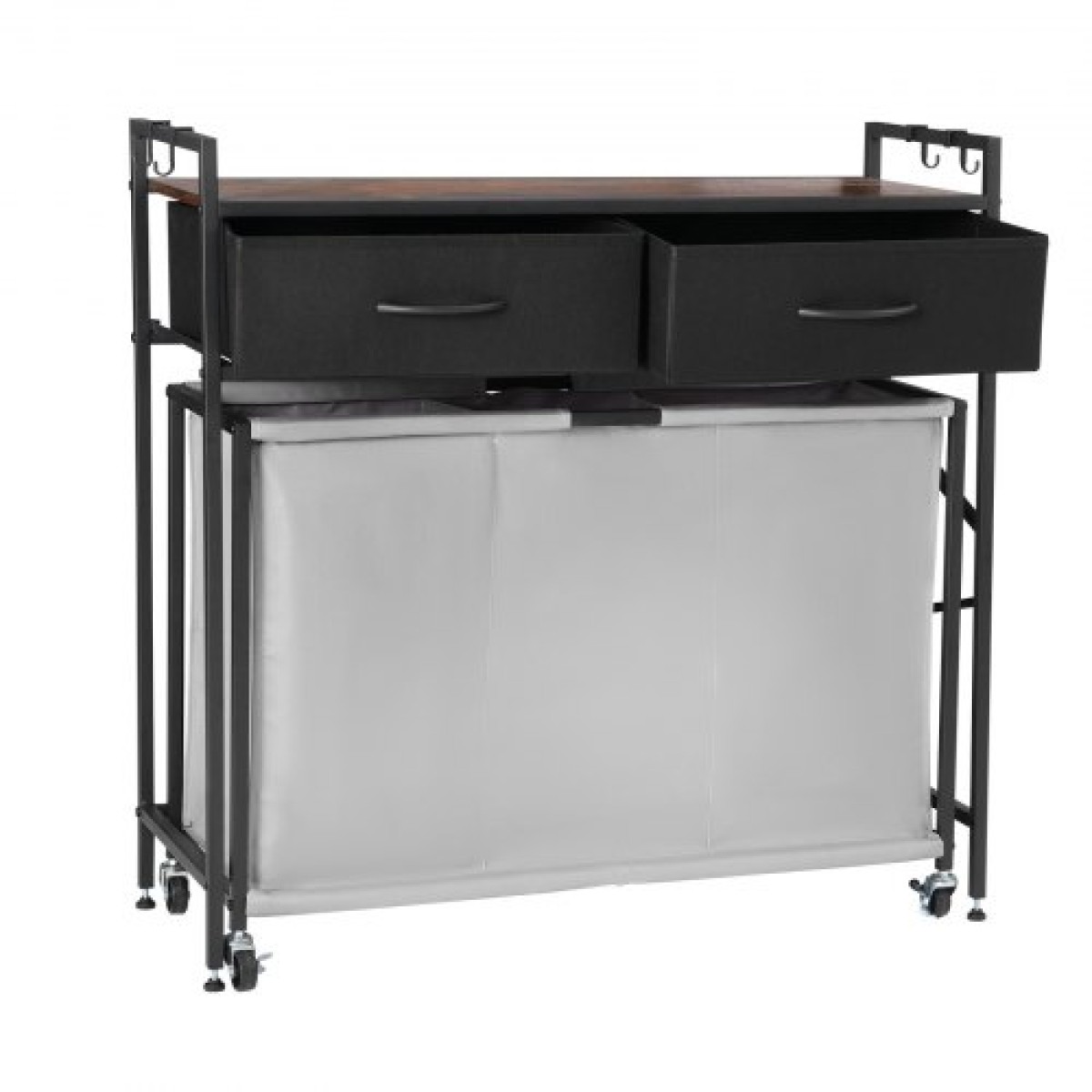 VEVOR 3 Section Laundry Sorter, Rolling Laundry Hammper με 2 συρτάρια, γάντζους & ρόδες, Rolling Basket Organizer Αποθήκευση με συρόμενους σάκους και ξύλινο επιτραπέζιο για βρώμικα ρούχα, μπάνιο