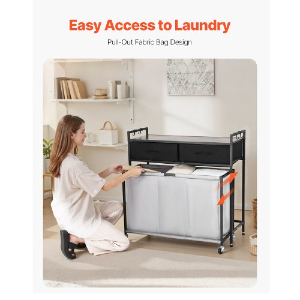 VEVOR 3 Section Laundry Sorter, Rolling Laundry Hammper με 2 συρτάρια, γάντζους & ρόδες, Rolling Basket Organizer Αποθήκευση με συρόμενους σάκους και ξύλινο επιτραπέζιο για βρώμικα ρούχα, μπάνιο