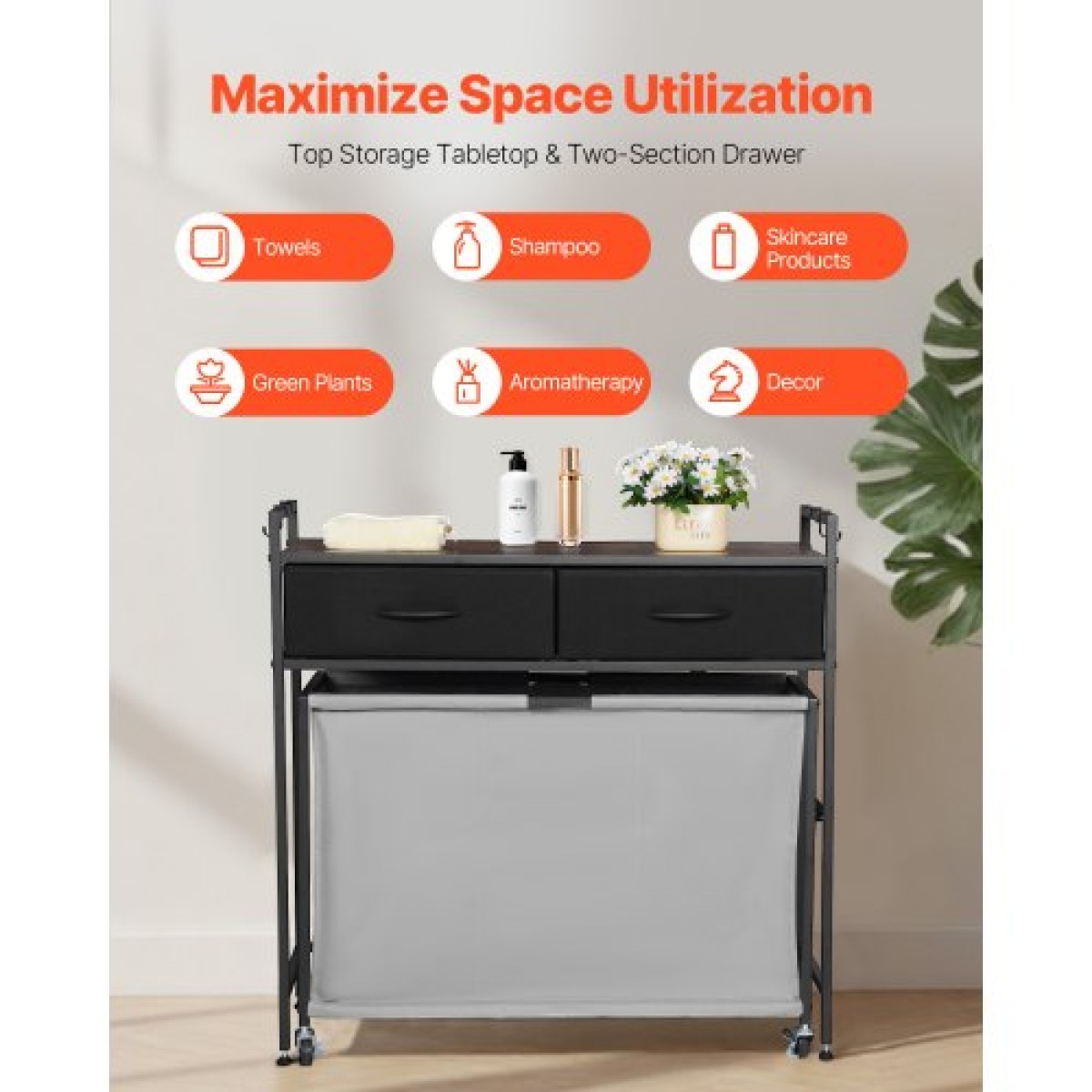 VEVOR 3 Section Laundry Sorter, Rolling Laundry Hammper με 2 συρτάρια, γάντζους & ρόδες, Rolling Basket Organizer Αποθήκευση με συρόμενους σάκους και ξύλινο επιτραπέζιο για βρώμικα ρούχα, μπάνιο