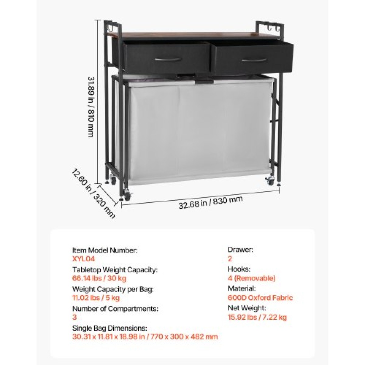 VEVOR 3 Section Laundry Sorter, Rolling Laundry Hammper με 2 συρτάρια, γάντζους & ρόδες, Rolling Basket Organizer Αποθήκευση με συρόμενους σάκους και ξύλινο επιτραπέζιο για βρώμικα ρούχα, μπάνιο