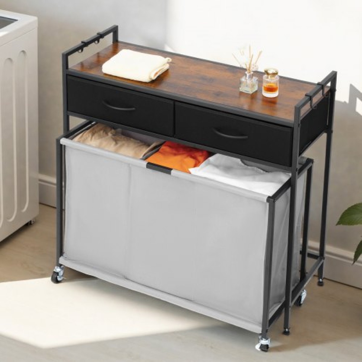 VEVOR 3 Section Laundry Sorter, Rolling Laundry Hammper με 2 συρτάρια, γάντζους & ρόδες, Rolling Basket Organizer Αποθήκευση με συρόμενους σάκους και ξύλινο επιτραπέζιο για βρώμικα ρούχα, μπάνιο
