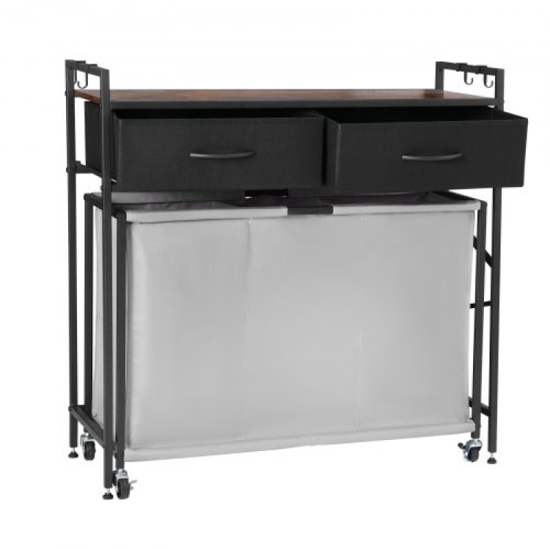 VEVOR 3 Section Laundry Sorter, Rolling Laundry Hammper με 2 συρτάρια, γάντζους & ρόδες, Rolling Basket Organizer Αποθήκευση με συρόμενους σάκους και ξύλινο επιτραπέζιο για βρώμικα ρούχα, μπάνιο