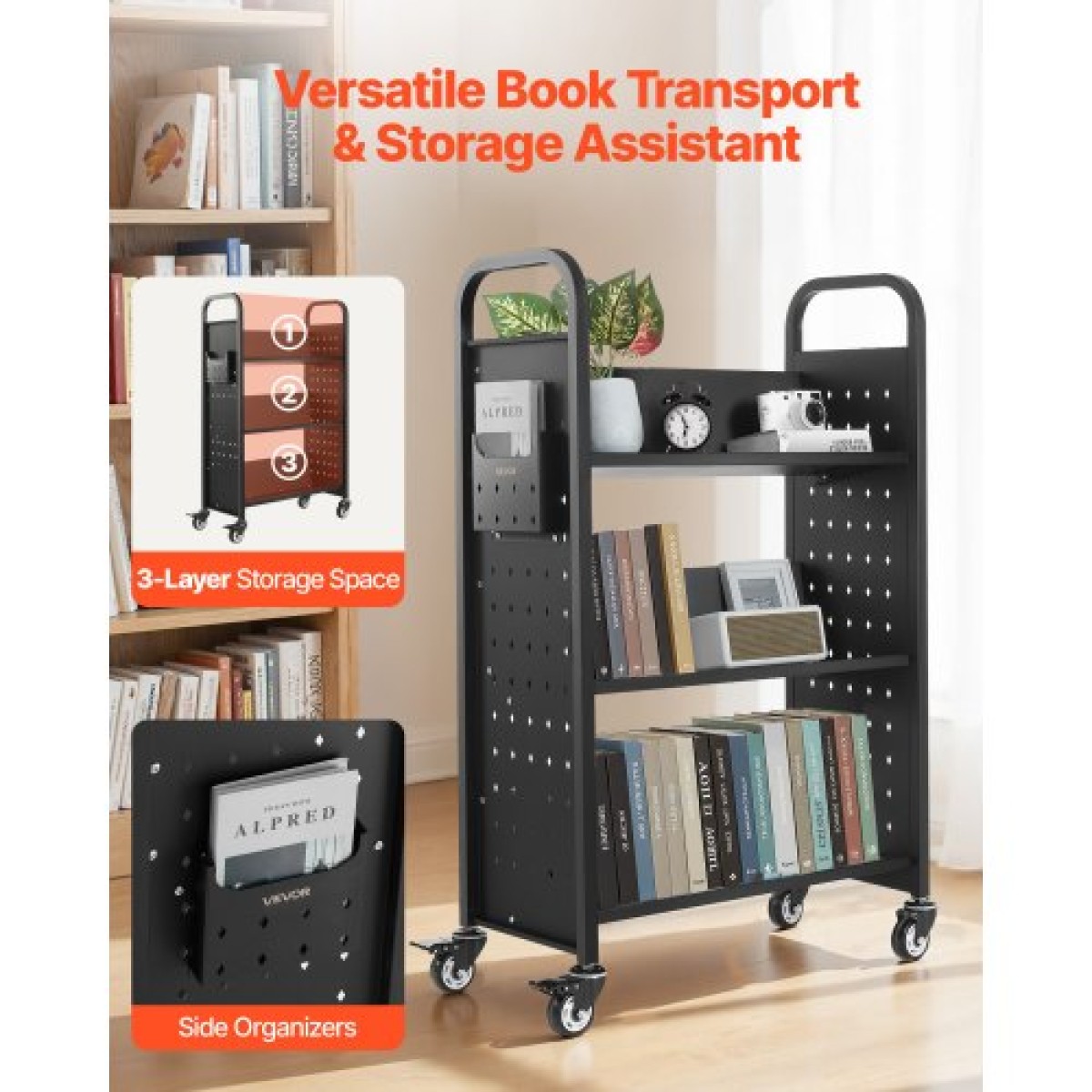 Καρότσι βιβλίων VEVOR Rolling Library, Χωρητικότητα 150 kg, 77 x 38 x 122 cm Καρότσι βιβλιοθήκης, Ράφια μονής όψης σε σχήμα V με ρόδες 76,2 mm που κλειδώνουν, φορτηγό βιβλίου για ράφια σπιτιού γραφείου και σχολείου, Μαύρο