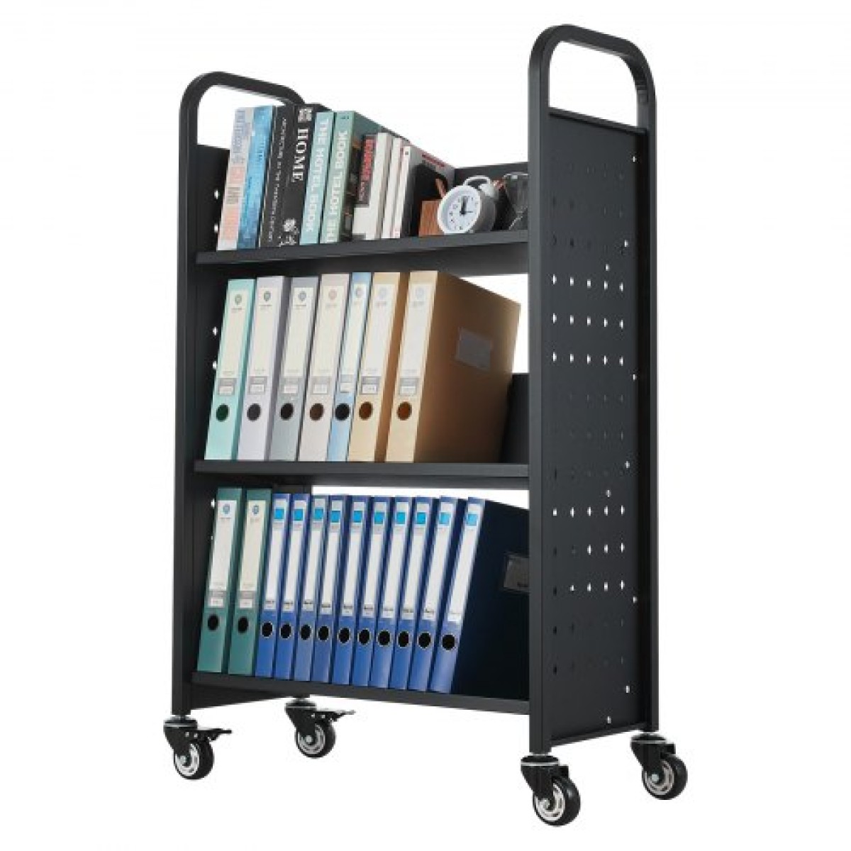 Καρότσι βιβλίων VEVOR Rolling Library, Χωρητικότητα 150 kg, 77 x 38 x 122 cm Καρότσι βιβλιοθήκης, Ράφια μονής όψης σε σχήμα V με ρόδες 76,2 mm που κλειδώνουν, φορτηγό βιβλίου για ράφια σπιτιού γραφείου και σχολείου, Μαύρο