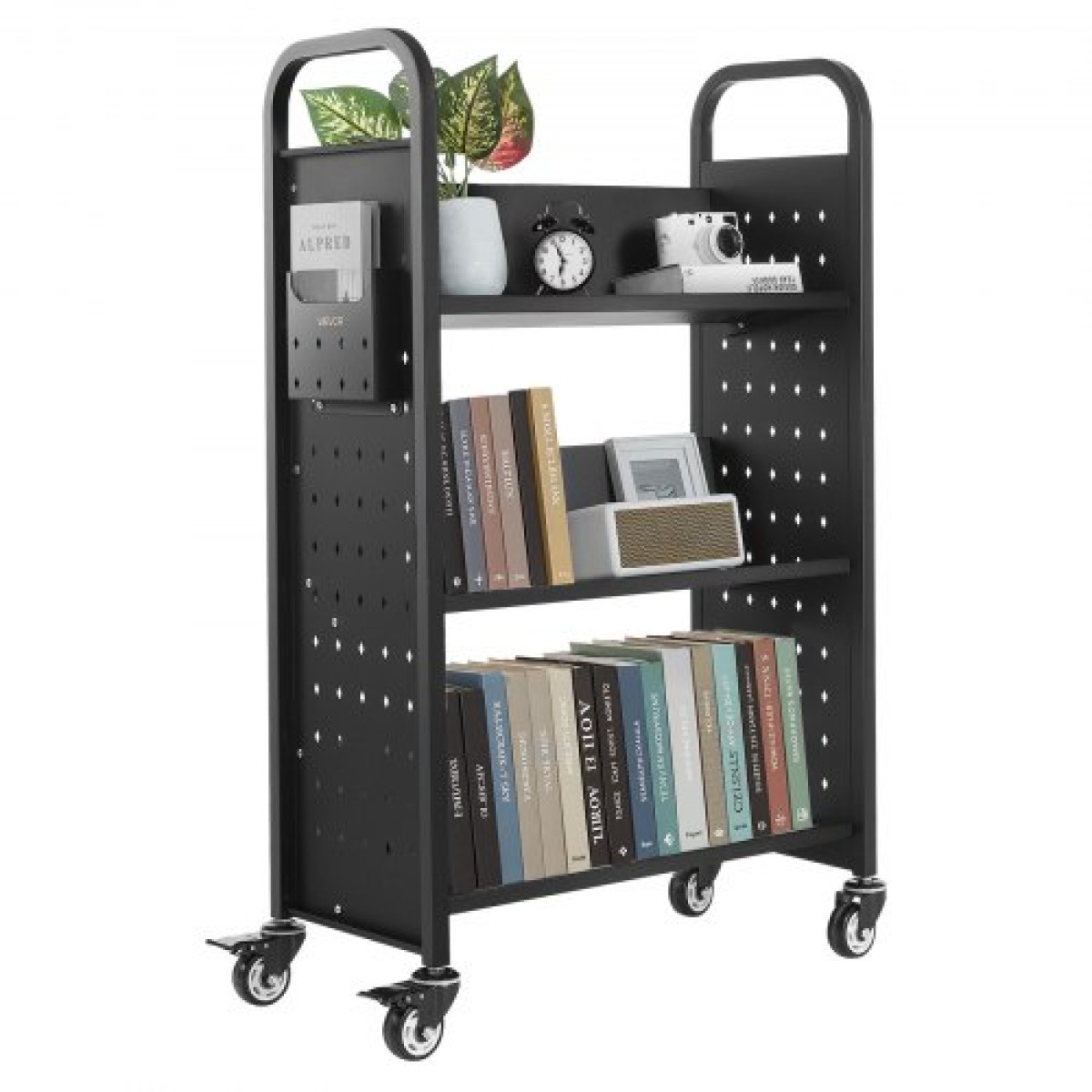 Καρότσι βιβλίων VEVOR Rolling Library, Χωρητικότητα 150 kg, 77 x 38 x 122 cm Καρότσι βιβλιοθήκης, Ράφια μονής όψης σε σχήμα V με ρόδες 76,2 mm που κλειδώνουν, φορτηγό βιβλίου για ράφια σπιτιού γραφείου και σχολείου, Μαύρο