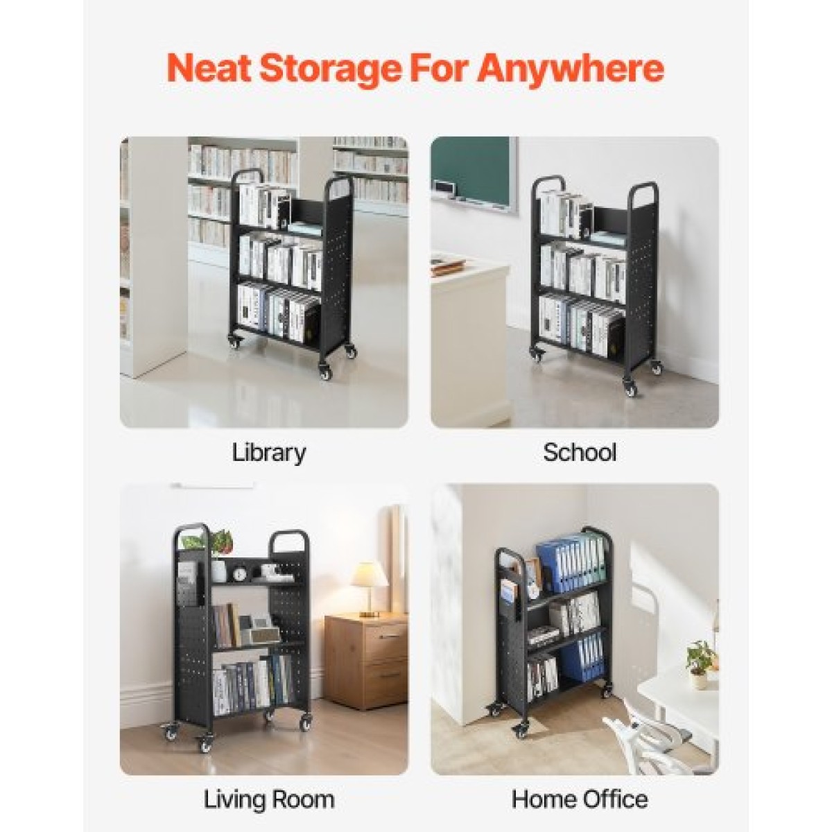 Καρότσι βιβλίων VEVOR Rolling Library, Χωρητικότητα 150 kg, 77 x 38 x 122 cm Καρότσι βιβλιοθήκης, Ράφια μονής όψης σε σχήμα V με ρόδες 76,2 mm που κλειδώνουν, φορτηγό βιβλίου για ράφια σπιτιού γραφείου και σχολείου, Μαύρο