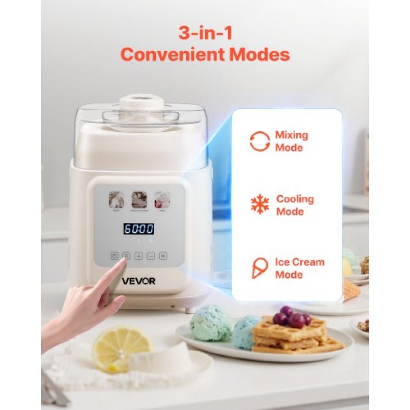 VEVOR 1 Quart Automatic Ice Cream Maker with Built-in Compressor No Pre-freezing