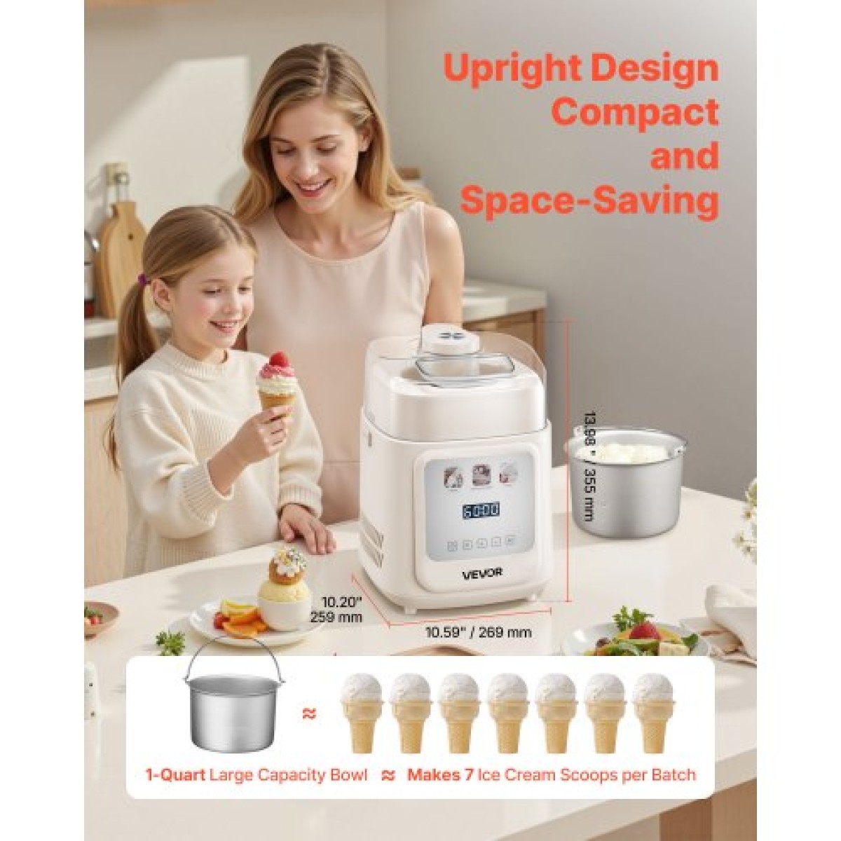 Αυτόματη παγωτομηχανή VEVOR Upright με ενσωματωμένο συμπιεστή, 1L Μηχανή παγωτού χωρίς προκαταψύξη & παγωτομηχανή γιαουρτιού, Ηλεκτρική μηχανή σορμπέ 4 τρόπων, παγωτομηχανή συμπιεστή για το σπίτι