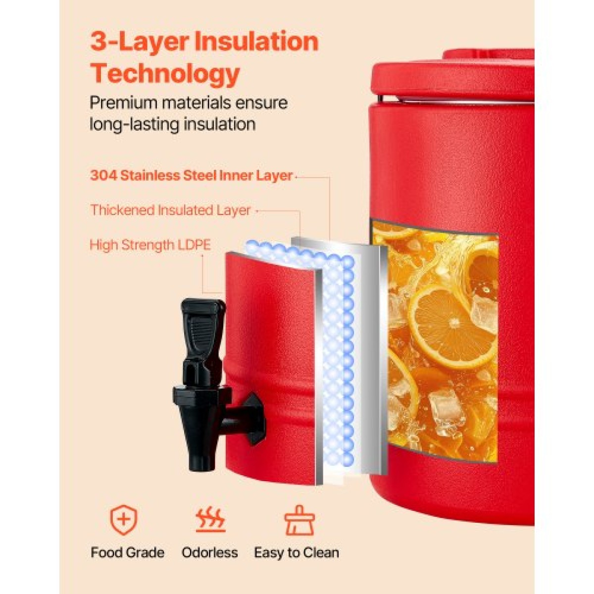 VEVOR μονωμένος διανομέας ποτών, 3 Gal/11,4 λίτρα θερμικός διακομιστής ζεστών και κρύων ροφημάτων με στόμιο, ψυκτική κανάτα ποιότητας τροφίμων με εσωτερικό 304 από ανοξείδωτο χάλυβα, για Εστιατόριο καφέ τσαγιού σε εξωτερικό χώρο