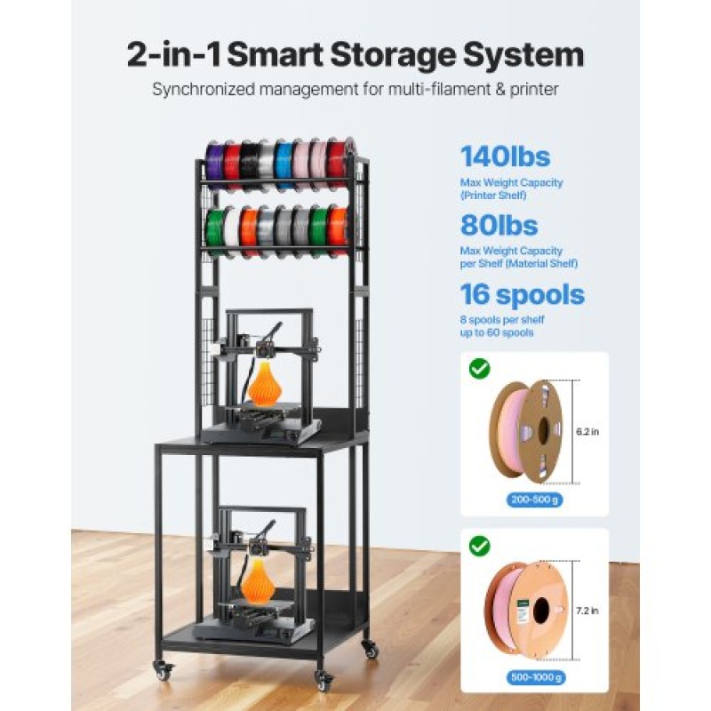 Βάση αποθήκευσης νήματος VEVOR 3D Printer, Βάση 3D εκτυπωτών 4 επιπέδων με αποθήκευση νήματος, Ράφια βάσης καρούλια Καρότσι με ρόδες, νήματα Οργανωμένα για σταθμό τρισδιάστατης εκτύπωσης, γραφείο, εργαστήριο (μόνο σε ράφι)