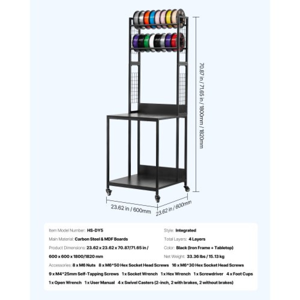 Βάση αποθήκευσης νήματος VEVOR 3D Printer, Βάση 3D εκτυπωτών 4 επιπέδων με αποθήκευση νήματος, Ράφια βάσης καρούλια Καρότσι με ρόδες, νήματα Οργανωμένα για σταθμό τρισδιάστατης εκτύπωσης, γραφείο, εργαστήριο (μόνο σε ράφι)