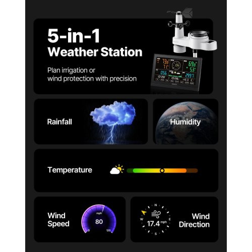 VEVOR 5-in-1 Wireless Weather Station Indoor Outdoor with Sensor 7.5 in Display