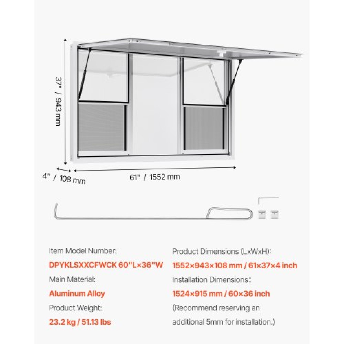 Παράθυρο παραχώρησης VEVOR 152x92 cm, Παράθυρο σέρβις από κράμα αλουμινίου για φορτηγό τροφίμων, παράθυρο σερβιρίσματος με βάση μέχρι 85 μοίρες με 6 συρόμενα παράθυρα, τέντα πόρτα και γάντζο μεταφοράς, για ρυμουλκούμενα παραχώρησης