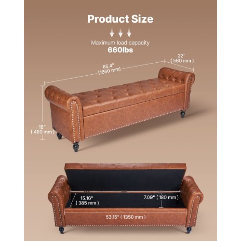 VEVOR Button-Tufted Storage Ottoman Bench Rolled Arm PU Leather Wood Legs Brown