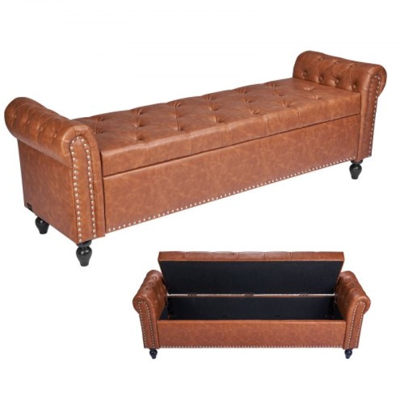 VEVOR Button-Tufted Storage Ottoman Bench Rolled Arm PU Leather Wood Legs Brown