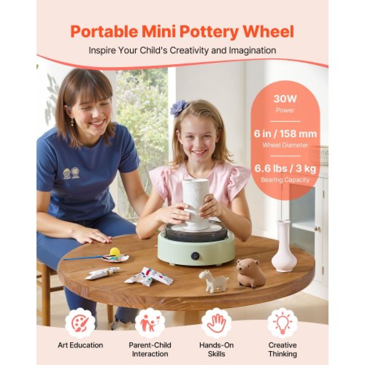 VEVOR Mini Pottery Wheel, 158 mm, περιστρεφόμενος δίσκος, περιστροφή εμπρός και όπισθεν, ρυθμιζόμενη ταχύτητα, ηλεκτρικός τροχός από πηλό για παιδιά και αρχάριους, με εργαλεία διαμόρφωσης, για DIY στο σπίτι, μαθήματα κεραμικής, πράσινο