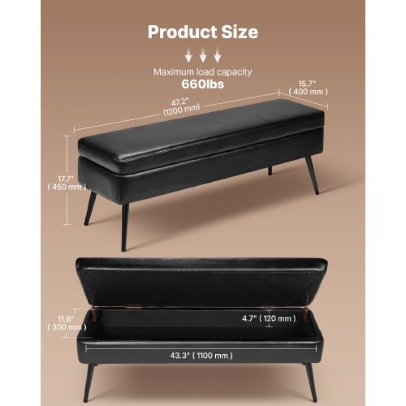 VEVOR PU Leather Storage Ottoman Bench Shoe Seat with Storage & Metal Legs Black