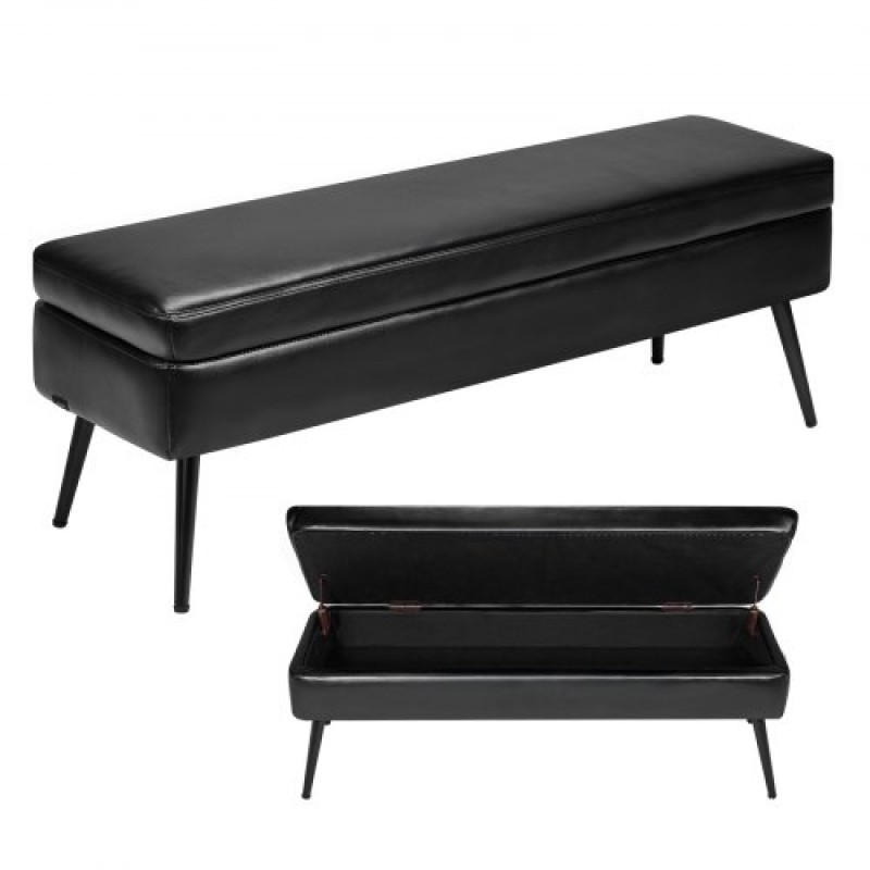 VEVOR PU Leather Storage Ottoman Bench Shoe Seat with Storage & Metal Legs Black