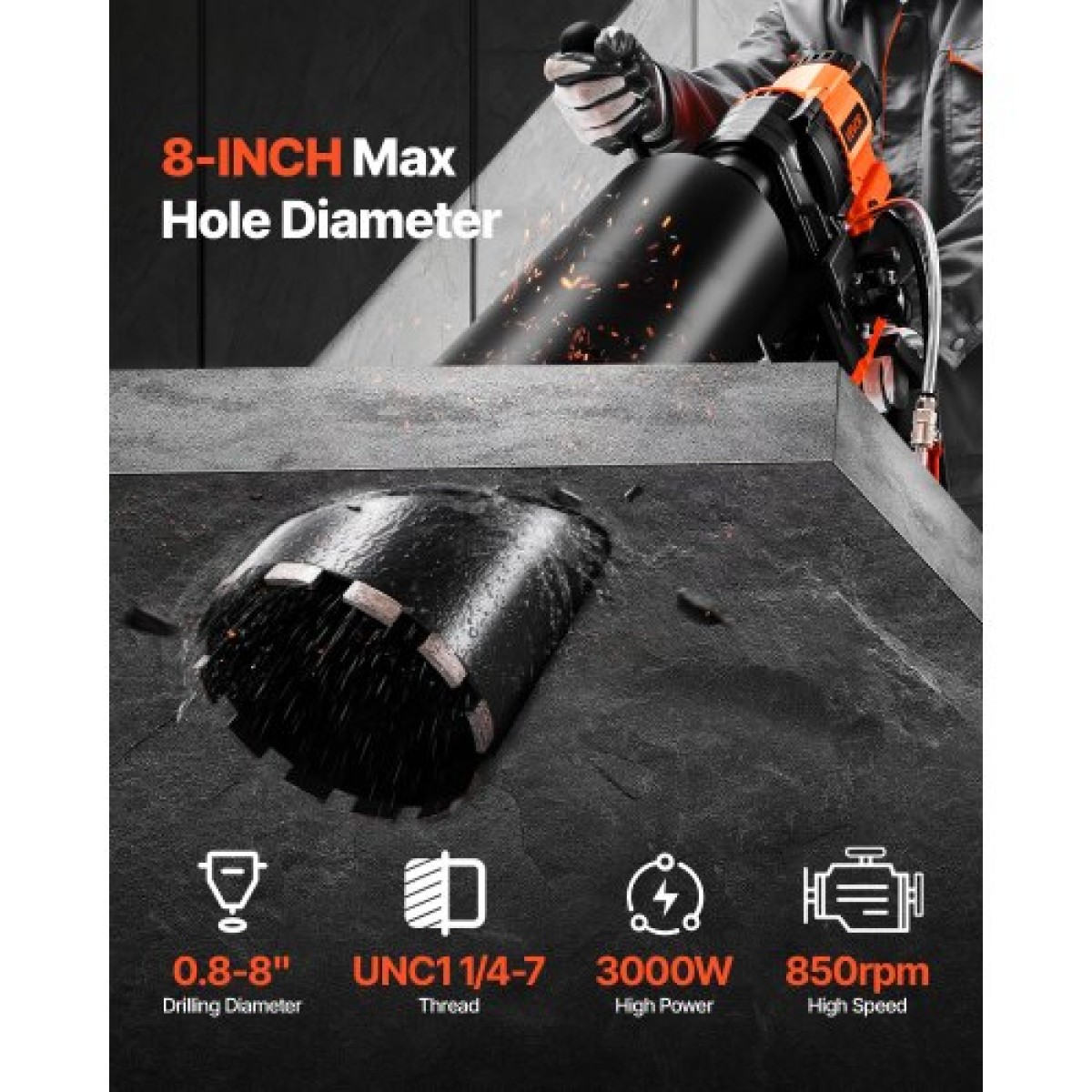 VEVOR Diamond Core Drilling Machine, 20-200 mm Διάμετρος διάτρησης, Stand-Mount Dry and Wet Concrete Drill Rig with 8 Drill Bits, 850 RPM Speed, UNC1 1/4-7 Thread, for Concrete Brick Stone, 3000W