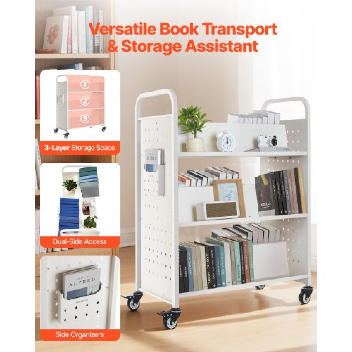 Καρότσι βιβλίων VEVOR Rolling Library, Χωρητικότητα 150 kg, 97 x 51,5 x 122,5 cm Καρότσι βιβλιοθήκης, Ράφια διπλής όψης σε σχήμα W με 76,2 mm που κλειδώνουν τροχούς, φορτηγό βιβλίων για ράφια σπιτιού γραφείου και σχολείου, Λευκό