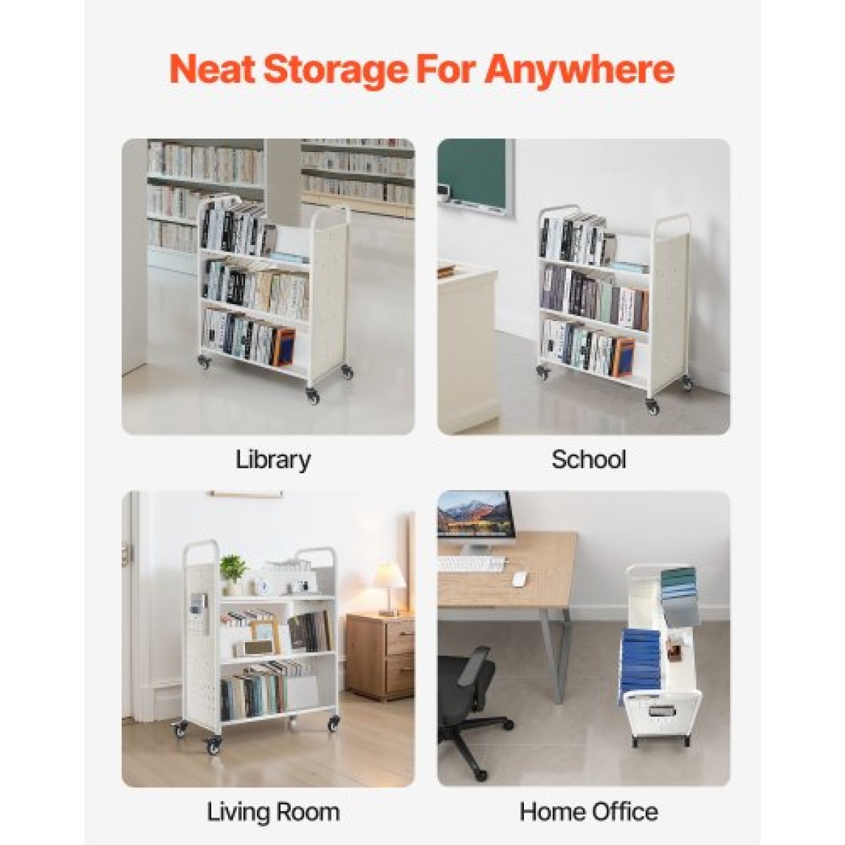 Καρότσι βιβλίων VEVOR Rolling Library, Χωρητικότητα 150 kg, 97 x 51,5 x 122,5 cm Καρότσι βιβλιοθήκης, Ράφια διπλής όψης σε σχήμα W με 76,2 mm που κλειδώνουν τροχούς, φορτηγό βιβλίων για ράφια σπιτιού γραφείου και σχολείου, Λευκό