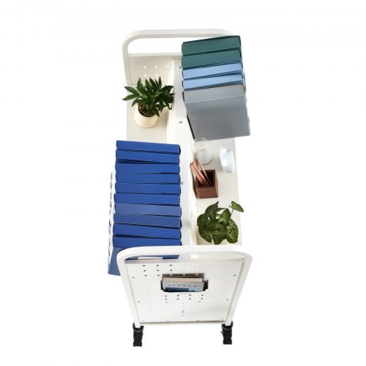 Καρότσι βιβλίων VEVOR Rolling Library, Χωρητικότητα 150 kg, 97 x 51,5 x 122,5 cm Καρότσι βιβλιοθήκης, Ράφια διπλής όψης σε σχήμα W με 76,2 mm που κλειδώνουν τροχούς, φορτηγό βιβλίων για ράφια σπιτιού γραφείου και σχολείου, Λευκό