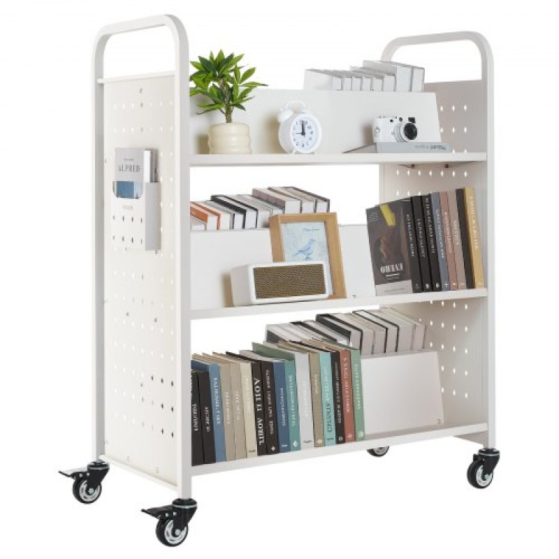 VEVOR 3-Tier Rolling Book Cart Double Sided W-Shaped Shelves Book Truck in White